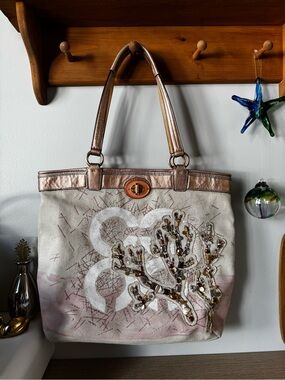 Coach Audrey Coral Leigh Canvas Tote with Metallic Accents and Beaded Coral